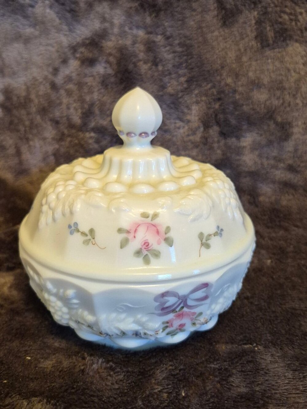 Westmorland Milk Glass Covered Candy Dish Flowers Bows